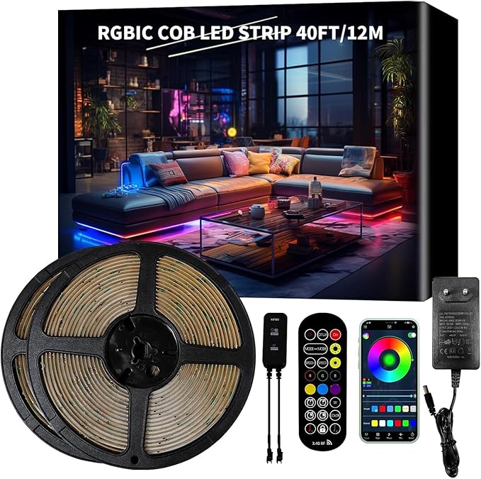 COB LED Strip Light 40ft/12m (1 Roll) Warm White 3000K High Lumen CRI 90+ with UL Listed Power Adapter Remote for Bedroom Counter Under Cabinet Kitchen Projects BUNACET