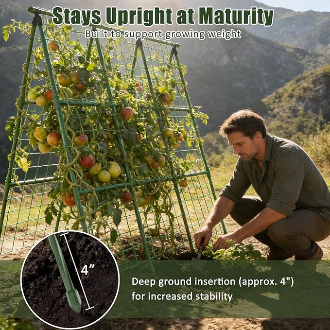 Miory Cucumber Trellis for Raised Beds, 48 x 48 Inch Metal A-Frame Garden Trellis for Climbing Plants Outdoor with Climbing Net, Plant Support for Cucumber Tomato Bean Pea Miory