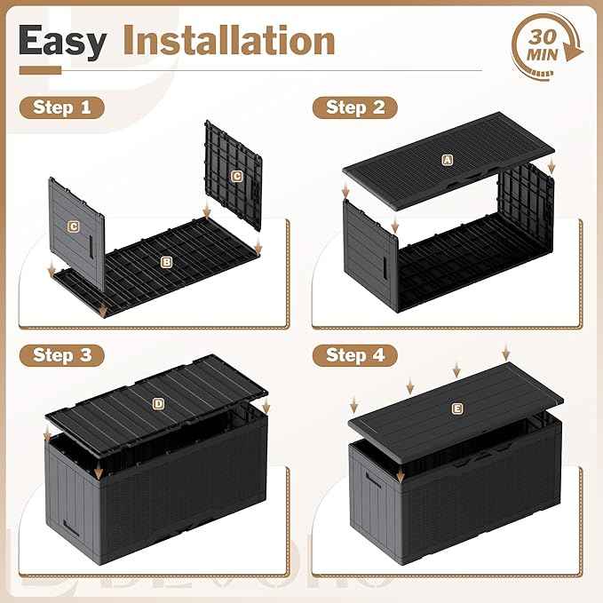 Devoko 100 Gallon Waterproof Large Resin Deck Box Indoor Outdoor Lockable Storage Container for Patio Furniture Cushions Garden Tools (100 Gallon, Black)