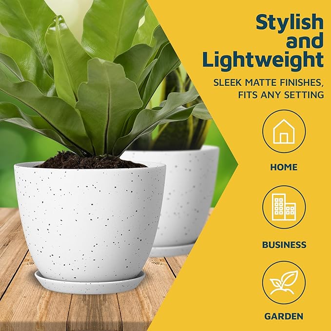 White Gray Plant Pots with Drainage Holes & Saucers 15 Pack, Indoor & Outdoor Stackable Space-Saving Planters for Houseplants & Flowers, (7", 6.7", 6", 5.3", and 4.8" Inches), Durable & Weatherproof LIFEMASTER