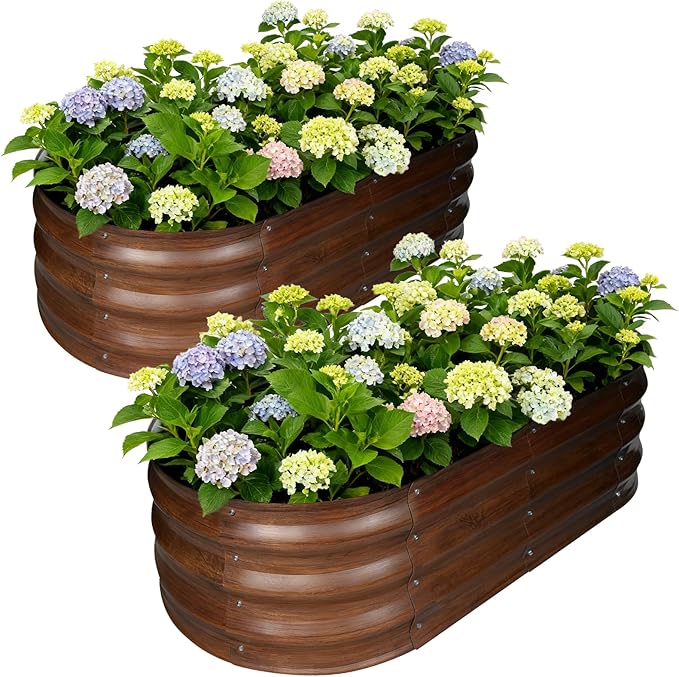Galvanized Raised Garden Bed Outdoor, Large Raised Bed for Gardening, 2Pcs 4x2x1ft Oval Metal Planter Box for Vegetables, Fruits, Flowers, Dark Brown Wood Grain VivaGarden