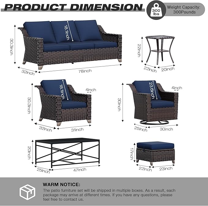 Joyside Wicker Patio Furniture Sets, 8 Pieces Upgraded Large Size Outdoor Furniture with 4 Swivel Rocking Patio Chairs, 3-Seat Sofa, Fire Table, Coffee Table, Thick Cushions, Wide Armrest, Blue Joyside