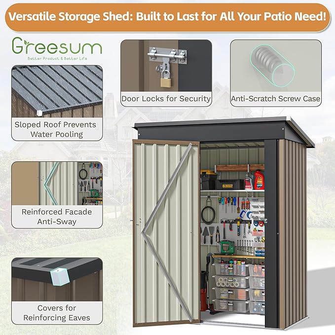 Greesum 5×3FT Outdoor Storage Shed, Metal Patio Storaged Sheds with Lockable Doors, Sheds & Outdoor Storage for Bike, Backyard, Pool and Garden, Brown BuynowfromGreesum