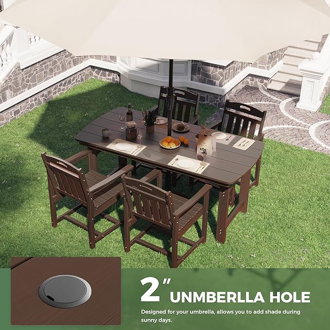 5-Piece Outdoor Dining Furniture Set with Chairs, All-Weather HDPE Patio Table and 4 Chairs, Umbrella Hole, for Garden Backyard or Deck - Brown Suunyn
