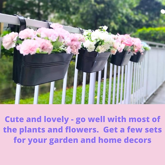 LaLaGreen Rail Planter Outdoor Plants(11.8 Inch, 12 Pack) Black Metal Iron Hanging Flower Pots Deck Railings Fence Buckets Modern Countryside Boho Style Wall Mount Window Box Plant Holder Porch Decor L%C3%A1L%C3%A1Green
