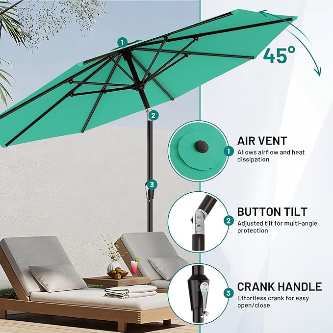 AreShark 9 FT Patio Umbrella for Outdoor, Outdoor Umbrella with Push Button Tilt and Crank, Outdoor Patio Umbrellas with 8 Sturdy Ribs for Market, Garden, Deck, Backyard, Pool (Peacock Blue) Rootora
