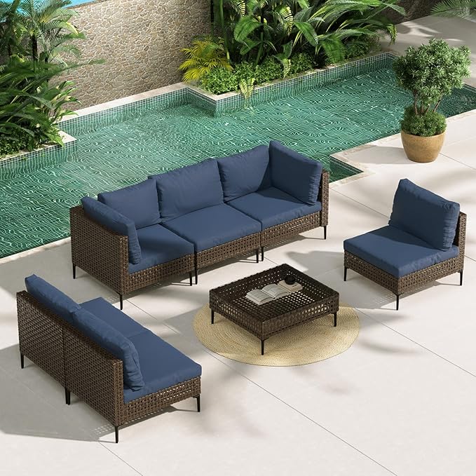 Grand patio Wicker Patio Furniture Set, All Weather Outdoor Sectional Sofa with Blue Thick Cushions and Coffee Table, 7 Pieces Sectional, Brown GrandPatio