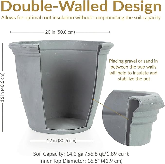 Sunnydaze 20-Inch Anjelica Large Plastic Pot for Plants - Outdoor Double-Walled Large Plastic Planter with Drillable Drainage Holes - Light Gray - 2pk SunnydazeDecor