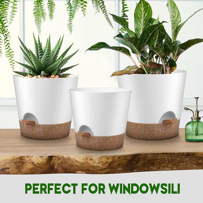 Indoor Outdoor Plant Pots- Self Watering Planters with Drainage Holes and Saucers, 9,8, 7.5 Inches, 3 Pots (Snow) AFamilyofGardenLovers
