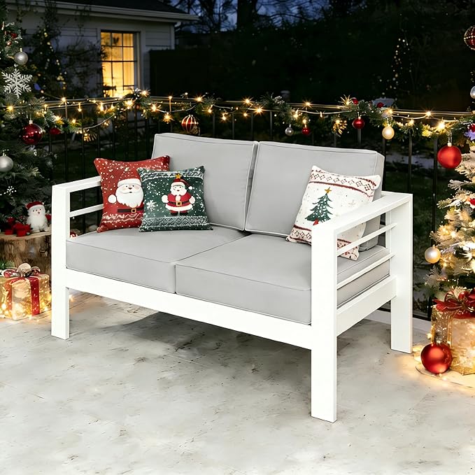 Kiss the Water Outdoor Patio Furniture Loveseat Sofa, All-Weather Metal Aluminum Patio Couch with 5" Thick and Soft Cushion and Wide Arm, Outdoor Couch for Balcony, Porch, Backyard KisstheWaterPatioTool