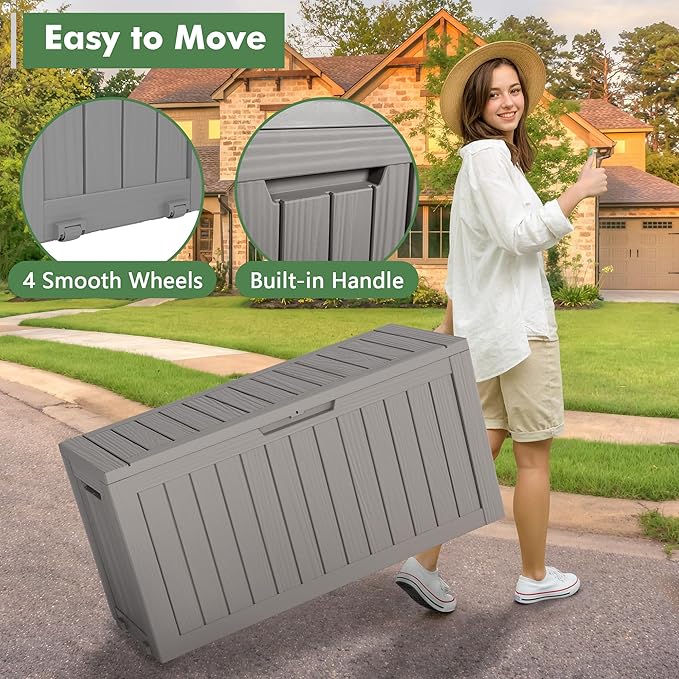 Outdoor Storage Box, Resin Deck Boxes Indoor and outdoor, Waterproof Storage Box Lockable Lid (Grey, 85 Gallon) NBYSGO