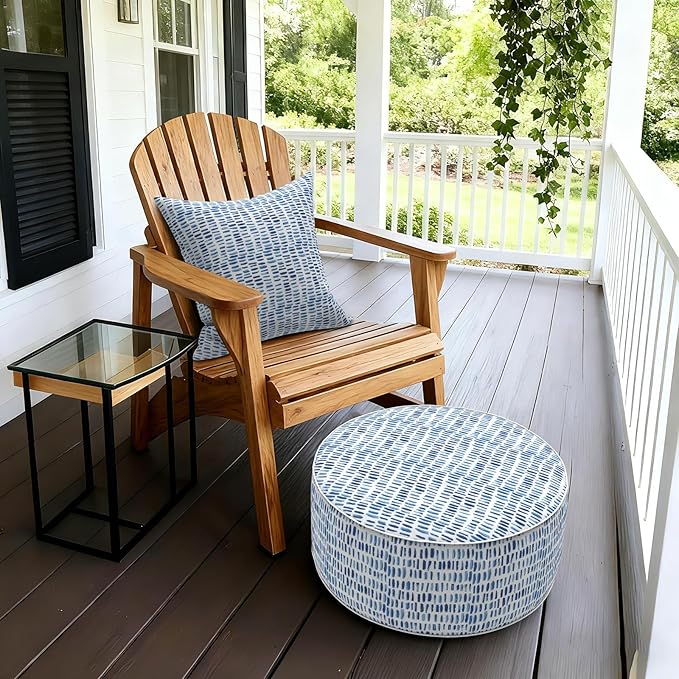 LVTXIII Outdoor Inflatable Ottoman Stool, Patio Water Repellent Footrest Stool with Handle, Portable Outside Round Ottoman for Patio Garden, Camping or Home Use, 21"x21"x9", Blue Pebble LVTXIII