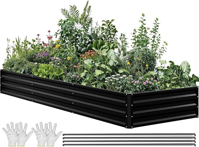 YITAHOME 144x48x12 in Galvanized Raised Garden Bed Kit, Large Metal Planter Box with Gloves, Safety Rubber & Support Rod, Outdoor Flower Bed for Plants Vegetables, Black YITAHOME