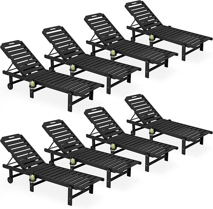 SERWALL Outdoor Chaise Lounge Set of 8, HDPE Pool Lounge Chairs with 5-Position Adjustable Backrest, Patio Loungers with Rolling Wheels & Cup Holder for Pool Sunbathing, Black SERWALL