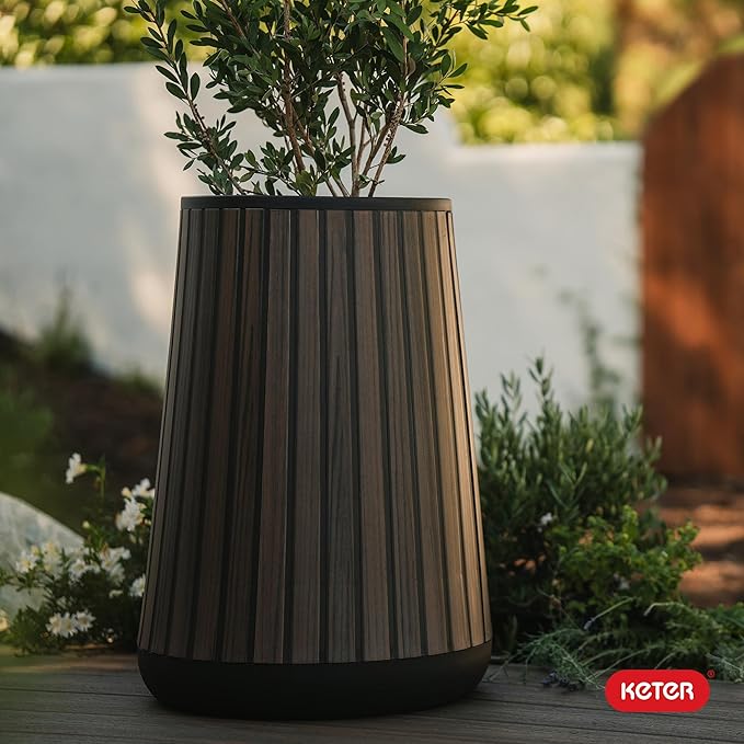 Keter Signature Conic 28.5 Inch Tall Round Large Wood Look Planter for Indoor or Outdoor Flower Pot Ideal for Patio Deck and Front Porch Decor, Rosewood Keter