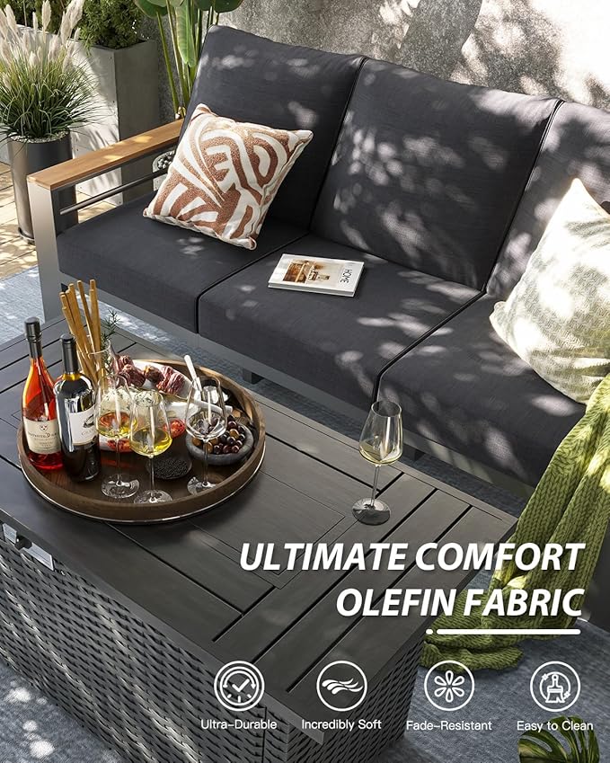 Aoxun Aluminum Outdoor Patio Furniture Set, 5-Piece Outdoor Sectional with 44'' Propane Gas Firepit Table, Patio Conversation Sets with Upgraded Armrests and Cushions for Backyard (Dark Grey,4 Seats) Aoxun
