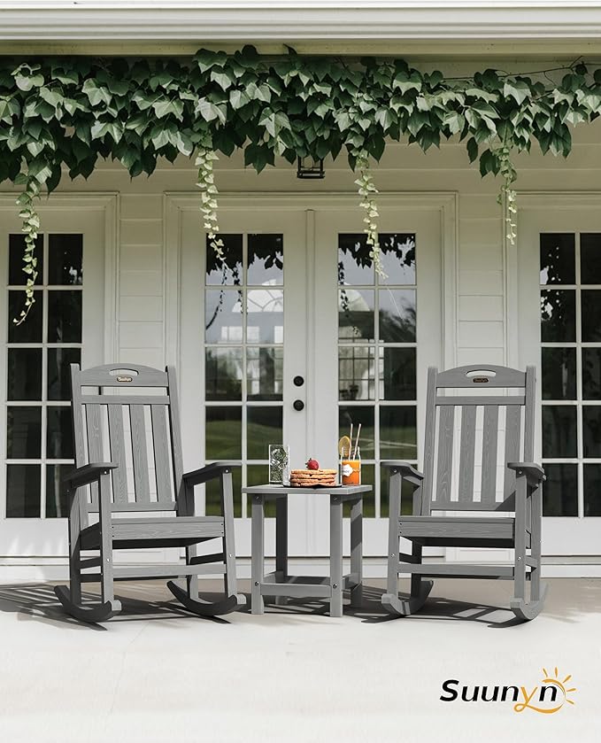 Oversized Outdoor Rocking Chairs Set of 2, High Back Porch Rocker Chair, HDPE Rocking Chairs for Patio, Living Room, Light Grey Suunyn