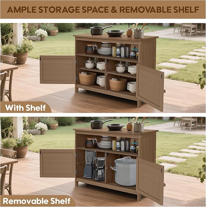 HIPS All-Weather Outdoor Storage Cabinet,Outdoor Sideboard with Magnetic Doors,3-Shelves Patio Storage Cabinet, Used for Garden,Buffet Cabinet,TV Stand, Bar Table,Balcony CONGFUTT
