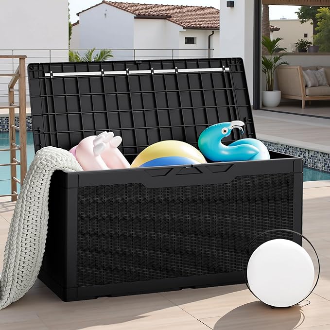 JUMMICO 100 Gallon Resin Deck Box, Waterproof Outdoor Storage Box with Lockable Lid for Garden Tools, Patio Cushions (Black) JUMMICO