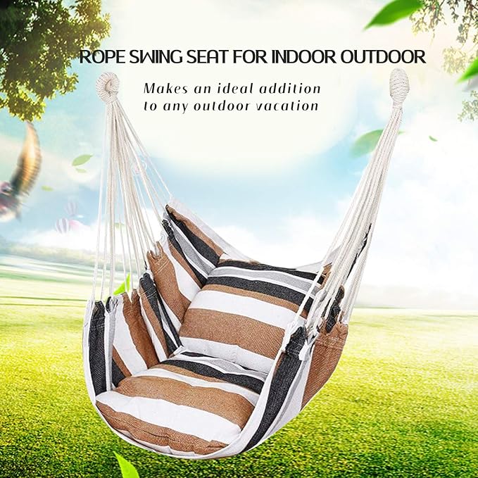 Hommtina Hammock Chair Hanging Rope Swing, Max 300 Lbs Hanging Chair with Pocket & Durability Perfect for Outdoor, Home, Bedroom, Patio, Yard (Pillows NOT Included,Khaki) Hommtina