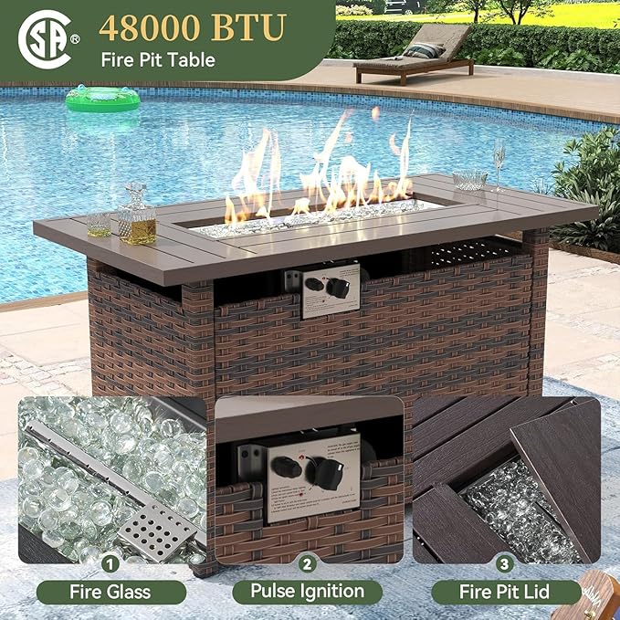 Aoxun 8-Piece Outdoor Patio Furniture Set - 44” Fire Pit Table, Durable Wicker Rattan Sectional Sofa with Coffee Table, Comfy Thickened Cushions, Blue (Waterproof Cover Included) Aoxun