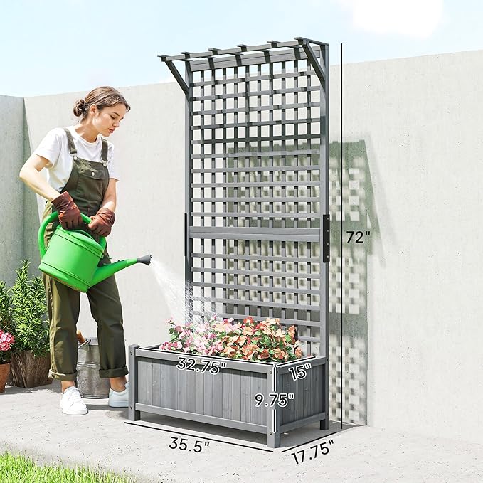 Outsunny Wood Planter with Trellis, Raised Garden Bed for Climbing Plants w/Drainage Holes and Roof, 35.5" x 17.75" x 72", Dark Gray Outsunny