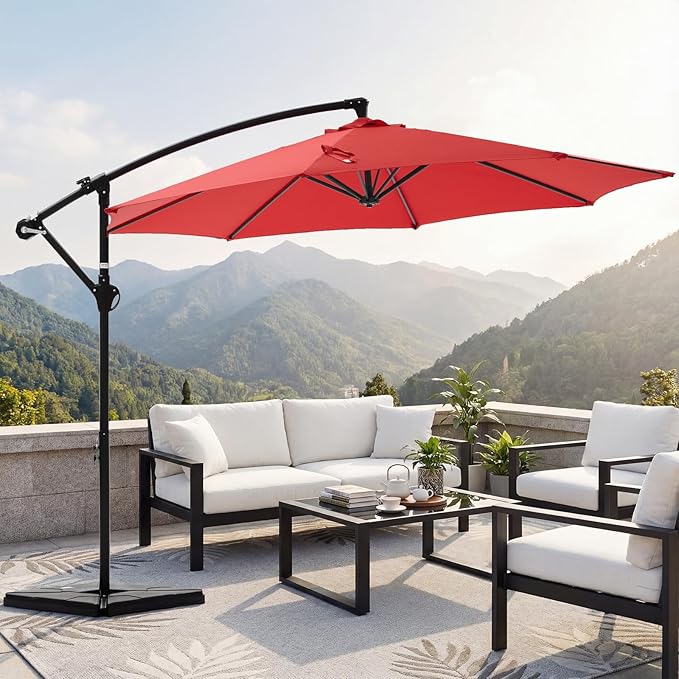 OLIXIS 9.7FT Offset Patio Umbrella with Base, Cantilever Table Umbrellas for Outdoor Sun Shade UV Protection with Easy Tilt Adjustment, 8 Ribs for Backyard, Lawn, Garden, Pool - Red OLIXIS