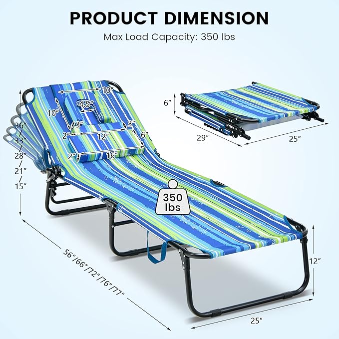 GYMAX Tanning Chair, 350lbs Beach Lounge Chair with Face Hole, Washable Pillow & Carry Strap, Adjustable Folding Chaise Lounge, Layout Lounger for Outside, Patio, Poolside, Lawn (2, Stripe) GYMAX