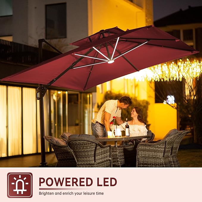 10 X 13 FT Cantilever Outdoor Patio Umbrella with Base Included with Led Lights Large 360° Rotation Double Top Offset Heavy Duty Rectangular Umbrellas for Backyard Outside Deck, Wine Red MEVBC