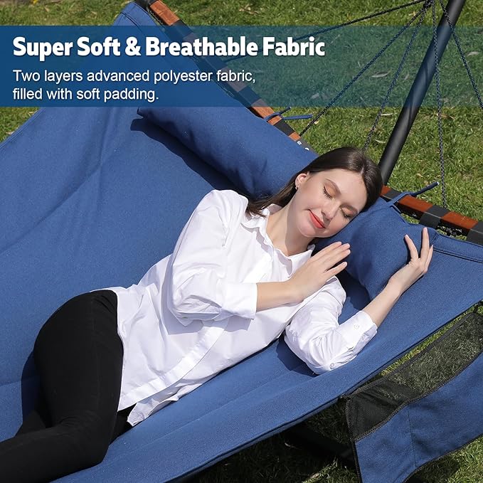 TegerDeger 12FT 2 Person Hammock Large Hammock 450LB Capacity with V Shaped Hardwood Spreader Bar & Nylon Rope for Outside, Patio, Garden, Backyard, Beach, Poolside - Blue Tegerdeger