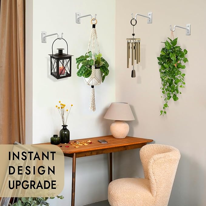 RTZEN Plant Hangers Indoor or Outdoor - Wrought Iron Metal Hanger Indoor Hook - Heavy Duty Wall Bracket Hooks for Hanging Plants Baskets Lanterns Wind Chimes - 2 Pack (White Shepherds Hooks 7.5") RTZEN