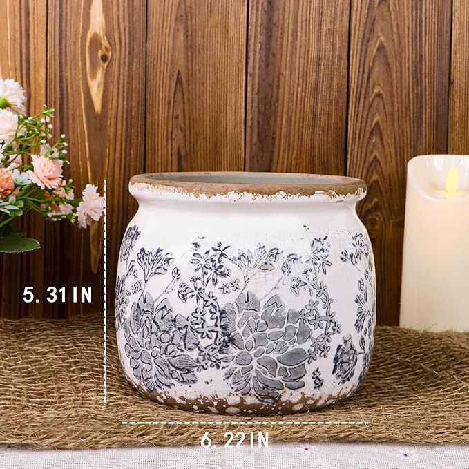 Flower Pot,Vintage Gray Ceramic Pot for Planter with Drainage Holes, 6.29 inch Ice Crack Glazed Small Rustic Planters Pot for Indoor,Tucan Home Decor,Gardening Gifts Dosayes