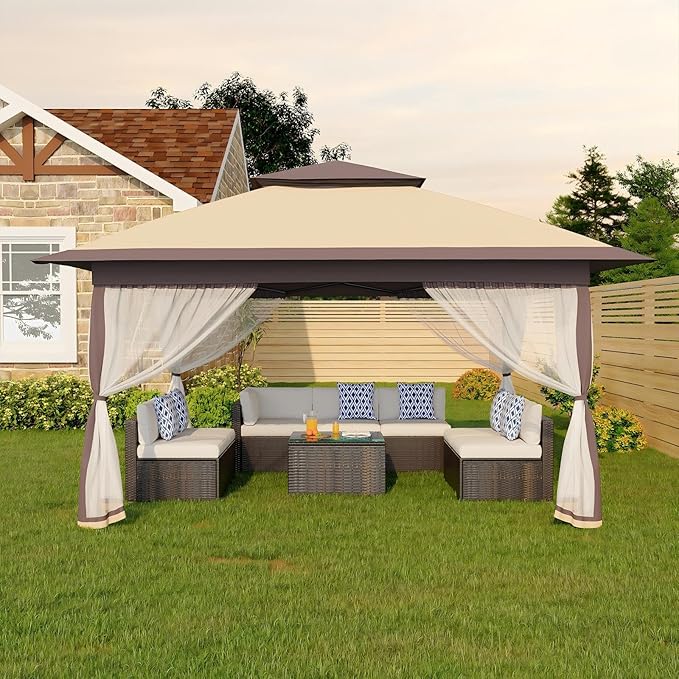 Canopy Tent 13x13 ft, Pop Up Gazebo One-Push Setup with 4 SandBags for Backyard Parties and BBQs, Mosquito Netting & Height Adjustable - Khaki & Coffee GarveeLife