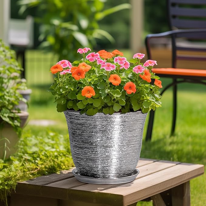 Ceramic Planter - 12 Inch Pots for Plants Indoor Outdoor, Round Planter with Drainage Hole and Saucer, Modern Decorative Planters, Large Plant Pot, House Patio Decor, Garden Gifts, Silver SUNPOTFOR