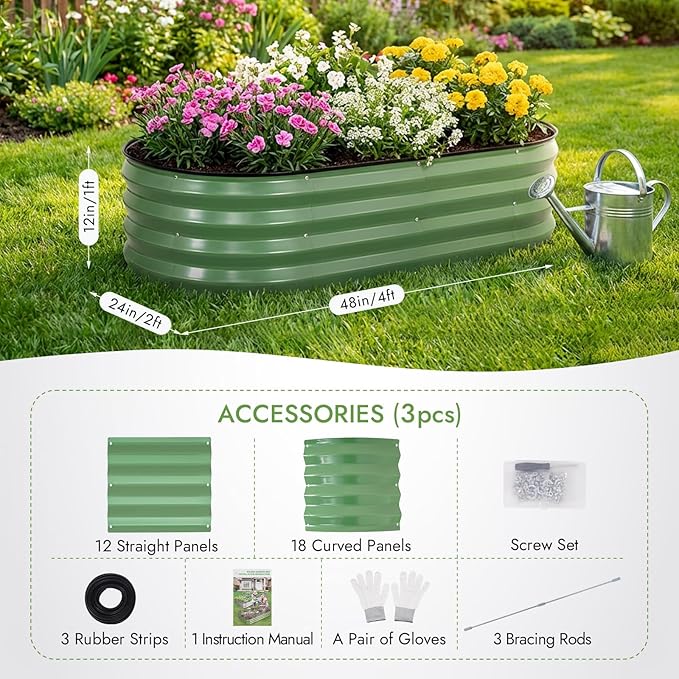 INNO STAGE 3Pcs Galvanized Raised Garden Bed Kit, Outdoor Metal Raised Garden Beds for Vegetables, Rust-Resistant & Easy Assembly, 4x2x1ft Oval Raised beds for Gardening, Flowers, Herbs (Olivergreen) INNOSTAGE