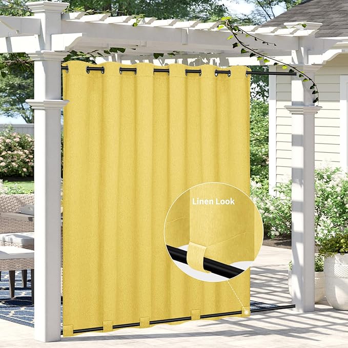 Easy-Going Linen Look Outdoor Curtains Waterproof Windproof Porch Curtains, Soft Thicken Outdoor Privacy Curtains for Patio, Gazebo, Grommet Top and Tab Bottom Drape, 1 Panel, 110x96 inch, Yellow Easy-Going