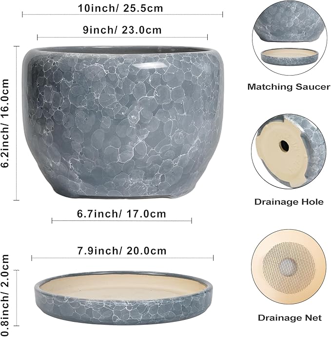SQOWL Ceramic Pot for Plants - 10 Inch Plant Pot Indoor with Drainage Hole and Saucer, Round Ceramic Planter, Decorative Large Flower Pot Outdoor, Home Office Room Decor, Garden Gifts, Gray SQOWL