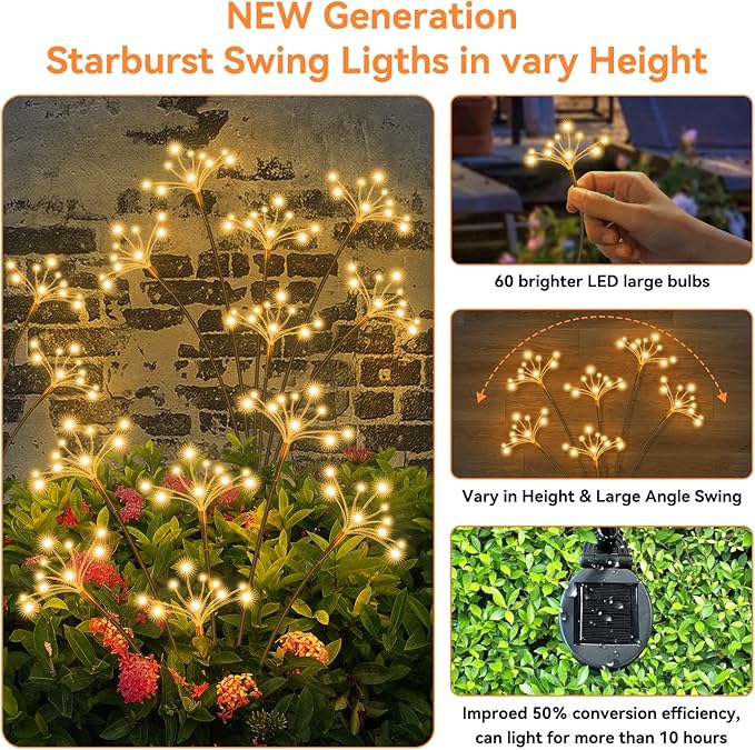 Solar Garden Lights 2 Pack Waterproof Solar Swaying Starburst Light Outdoor Lights for Yard Patio Walkway Pathway Party Wedding Christmas Decoration, Warm White Yaafen