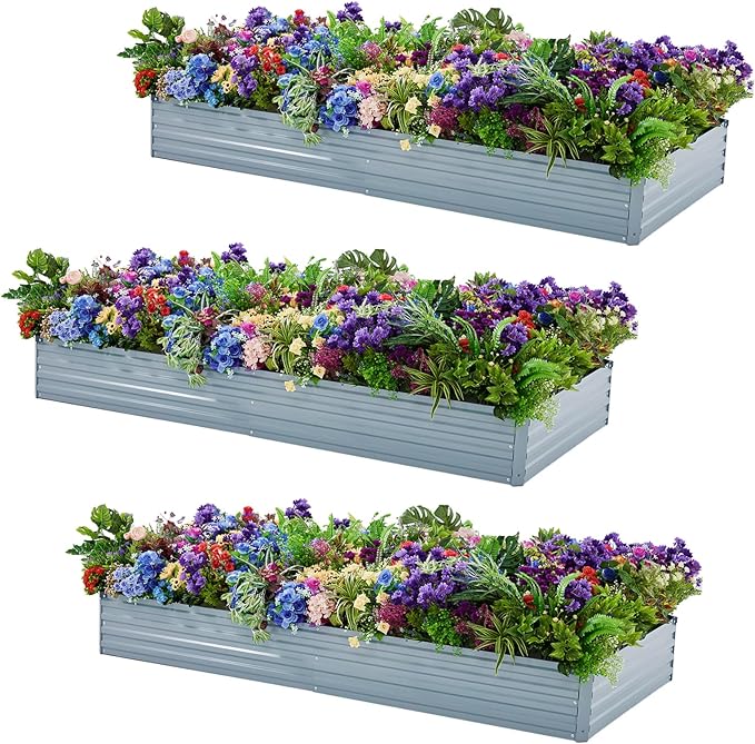3 Pack 6x3x1FT Galvanized Raised Garden Bed Kit, Outdoor Metal Planter Box for Vegetables, Bottomless Rectangular Gardening Bed with Support Rods, Tool-Free Assembly, Gray Meberam