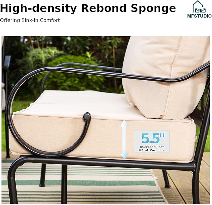 MFSTUDIO 5 Seats Large Metal Patio Conversation Sets, 4 Pieces Outdoor Sectional Furniture Sofa with 2 x Motion Chairs, 1 x 3-seat Sofa and 1 x 45 inches Rectangular Propane Fire Pit Table MFSTUDIO