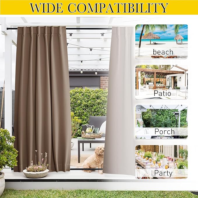 NICETOWN 2 Panels Outdoor Curtains Waterproof Pocket & Back Tab on Top & Bottom, Thermal Insulated Windproof Sun Blocking Outside Privacy Drapes for Patio with Fixed Rope, W84 x L95, Tan NICETOWN