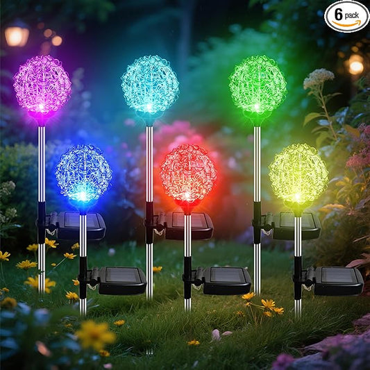 Solar Garden Lights Outdoor, Upgraded Globe Powered Garden Light, Multi-Color Changing LED Solar Stake Lights for Patio Backyard Pathway Party Decoration (Stainless Steel, 6 Pack) MMHFSolarLightsOutdoor