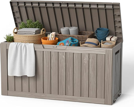 EasyUp 85 Gallon Outdoor Storage Box, Resin Waterproof UV-Resistant Deck Box, Reinforced Stability for Patio, Garden, and Poolside, Striped Gray EASYUP