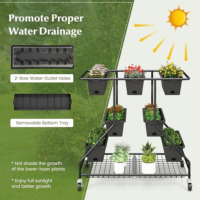 Giantex Rolling Raised Garden Bed w/ 7 Planter Boxes, Storage Baskets, Drainage Holes, 4 Lockable Casters, 3-Tier Freestanding Elevated Planter for Strawberry Vegetable Flower Herb Giantex