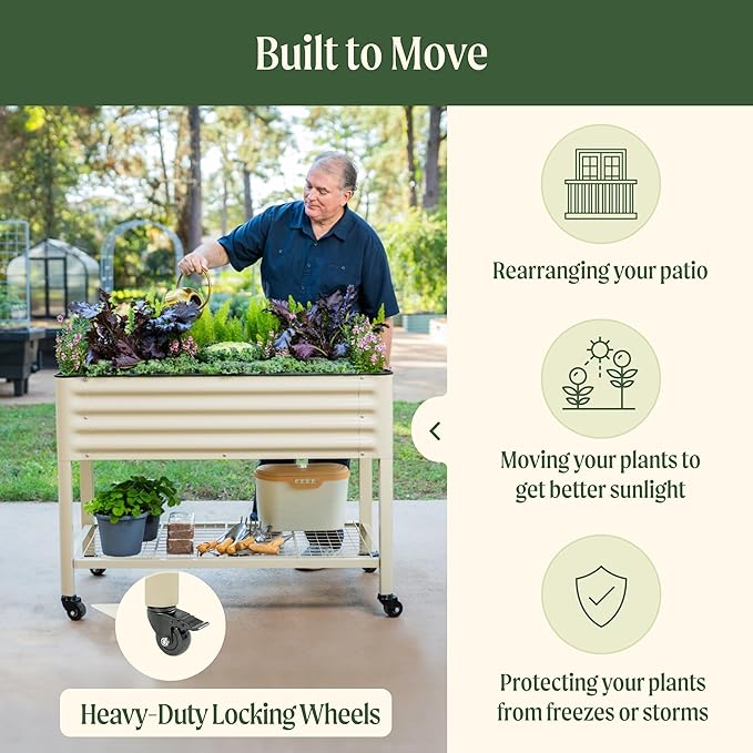 Rolling Elevated Raised Garden Bed-V Series, 2' x 6' Garden Beds with Legs & Storage Rack for Patio & Porch, 1000 Lbs Weight Capacity, Outdoor Planter Box for Vegetables Flower Herbs, Pearl White VegoGarden