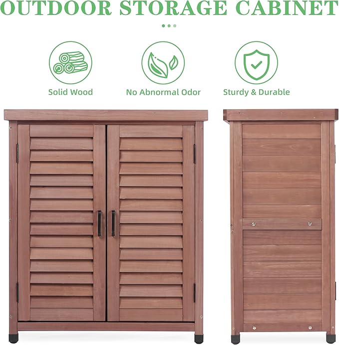 Outdoor Potting Bench with Storage Cabinet and Metal Top, Wood Workstation for Outdoor Patio, Garden (Dark Brown, 31x17x36‘’) Wood-Natrl