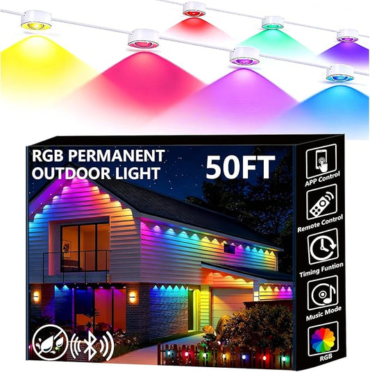 Permanent Outdoor Lights, 50ft Smart Eave Lights with RGB LED Light, IP67 Waterproof, App Control, DIY RGB Light for House Halloween Decorations Rootora
