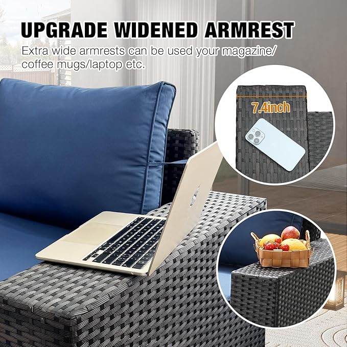 5 Pieces Patio Furniture Set All-Weather Outdoor Wicker Sectional Conversation Sofa Rattan Patio Seating Sofa with Cushion and Glass Table and Ottoman for Porch Poolside,Navy JOYURE