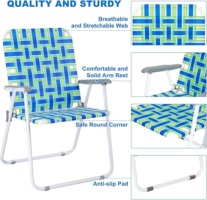 VINGLI Oversize Patio Lawn Webbed Folding Chairs Set of 2, Outdoor Beach Chair Portable Dining Chair for Outdoor Yard, Garden (Blue, Oversized) VINGLI