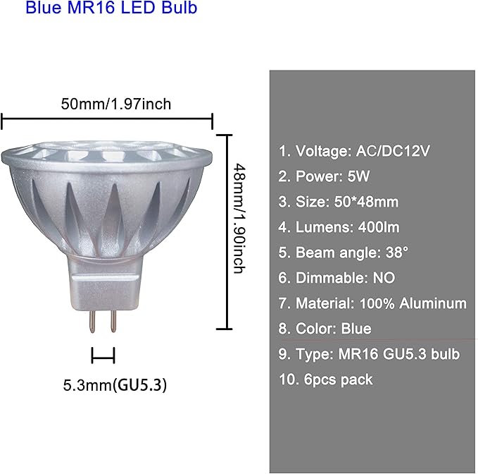 ALIDE MR16 GU5.3 Blue Led Bulbs 5W,20W 35W 50W Halogen Equiv,Low Voltage 12V MR16 Blue Color Bulb Spotlights for Outdoor Landscape Flood Yard Garden Tree Pool Step Lighting,Not Dimmable,38 Deg,6 Pack ALIDE